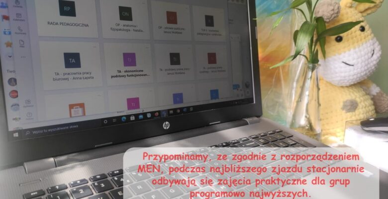 Przypominamy, ze zgodnie z rozporządzeniem MEN, podczas najbliższego zjazdu stacjonarnie odbywają się zajęcia praktyczne dla grup programowo najwyższych. Pozostałe zajęcia nadal zdalnie. Zapraszamy na zajęcia, egzaminy coraz bliżej...
